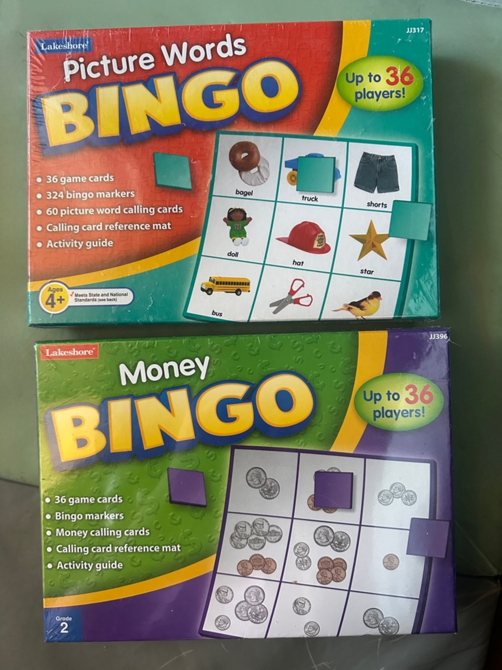 Lakeshore Picture Words & Money Bingo Set - Red, Green, Purple, Teal